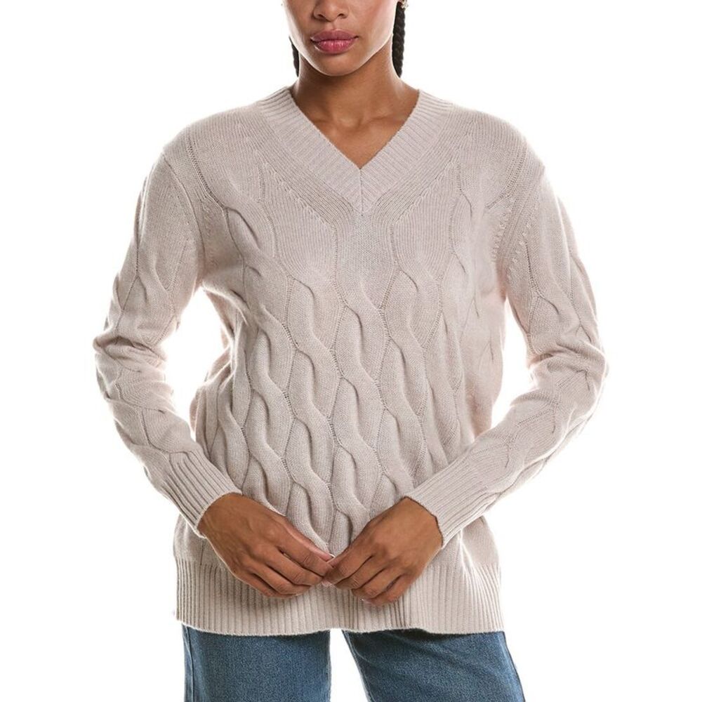 Forte Cashmere Womens  Long Cable V-Neck Cashmere Sweater, Brown